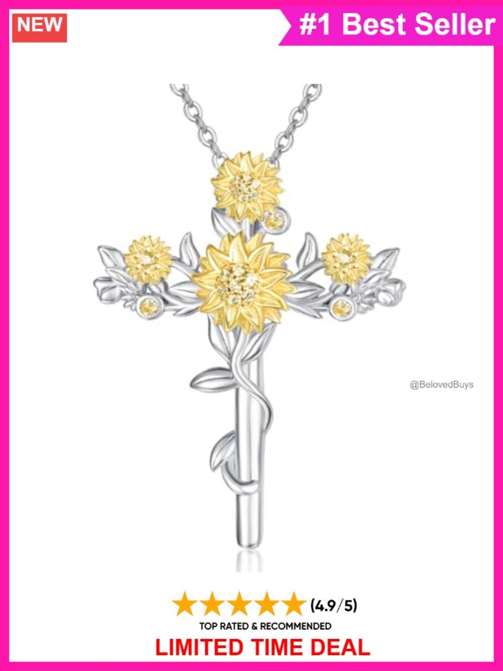 925 Sterling Silver Sunflower Cross Pendant Necklace Cubic Zirconia 18in